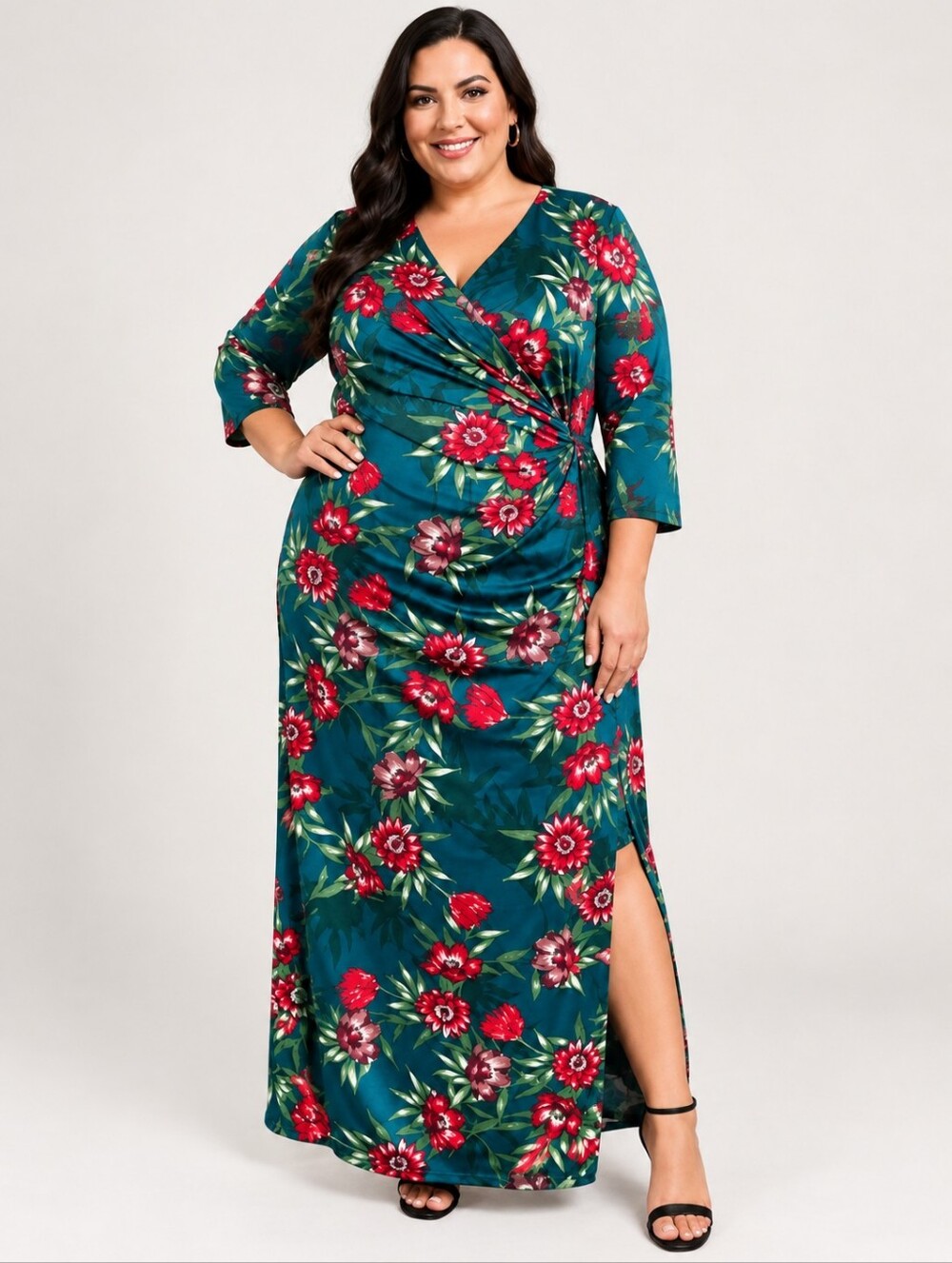 24seven Comfort Apparel Floral Side Slit Maxi Dress - Green/Red - Size 2X